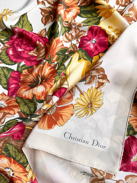 Zijden designer sjaal met grammofoon en bloemen
