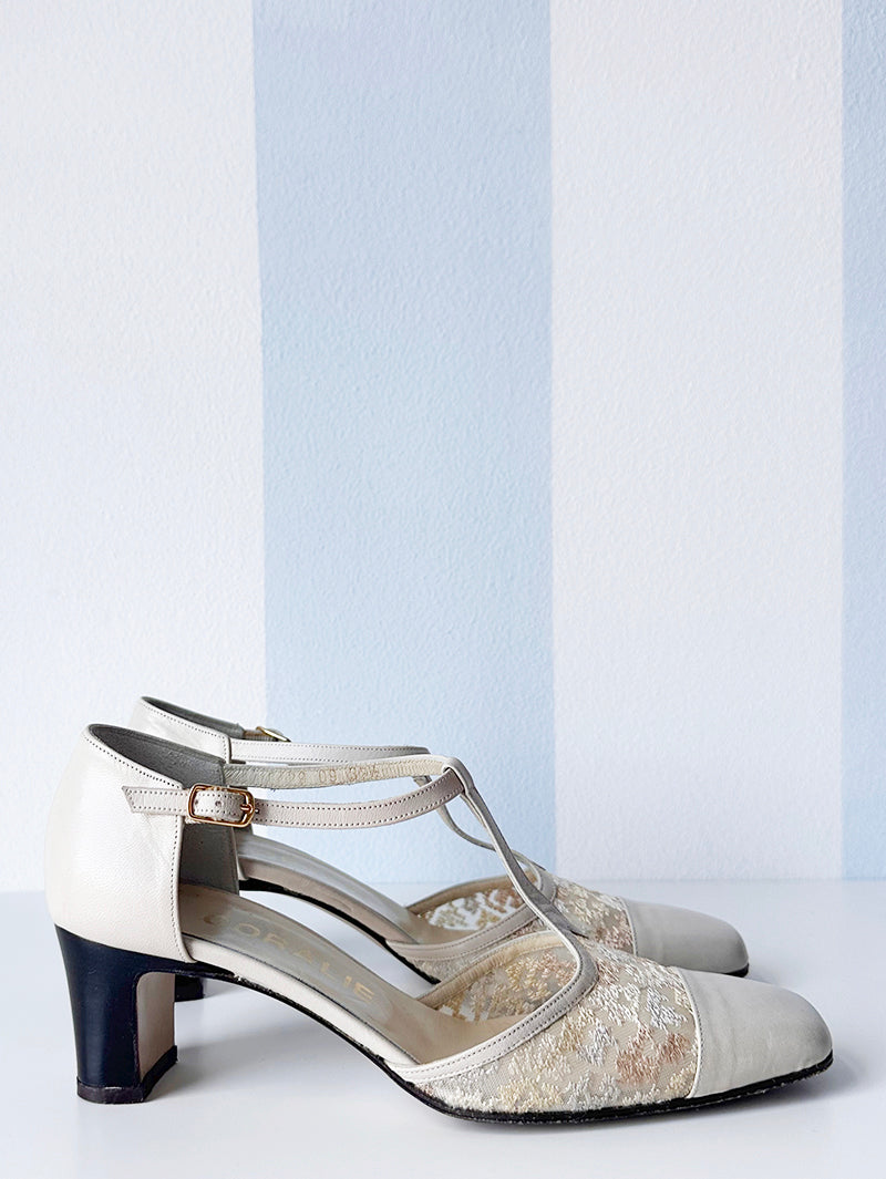 Beige leren pumps met kant | 37,5