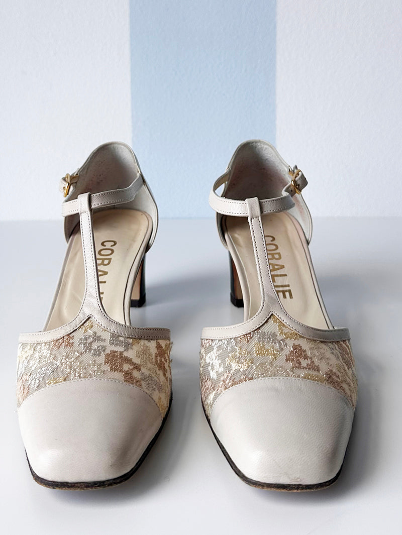 Beige leren pumps met kant | 37,5