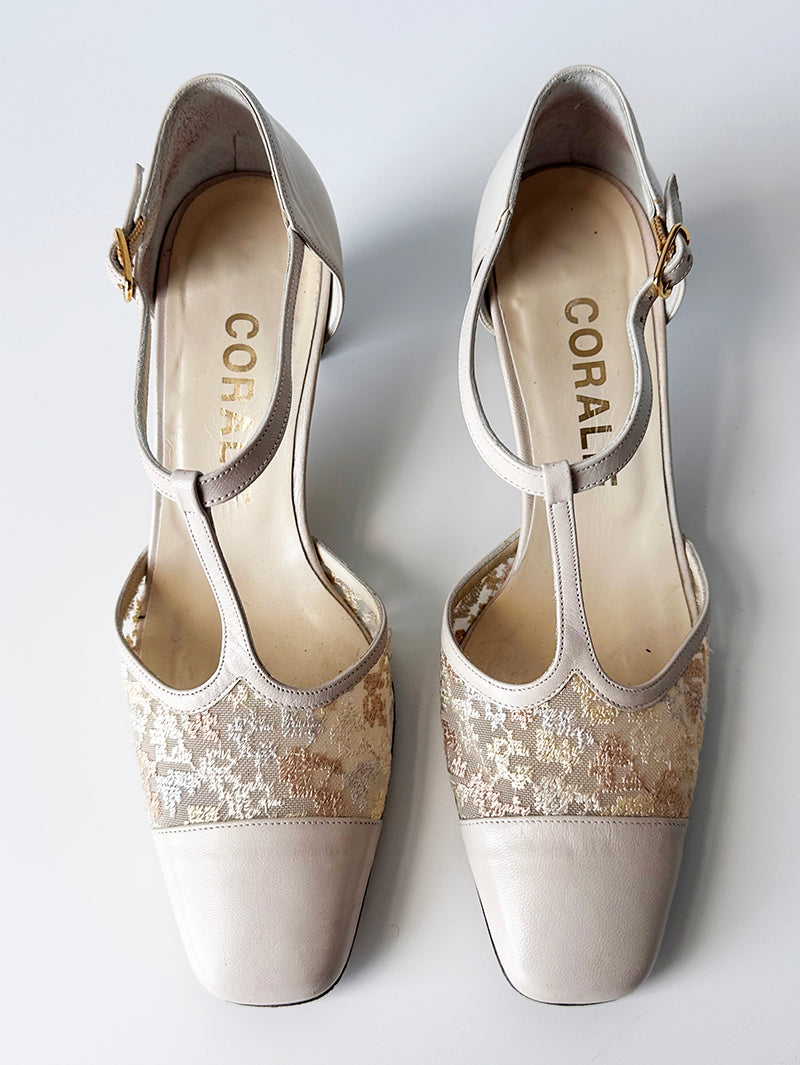 Beige leren pumps met kant | 37,5