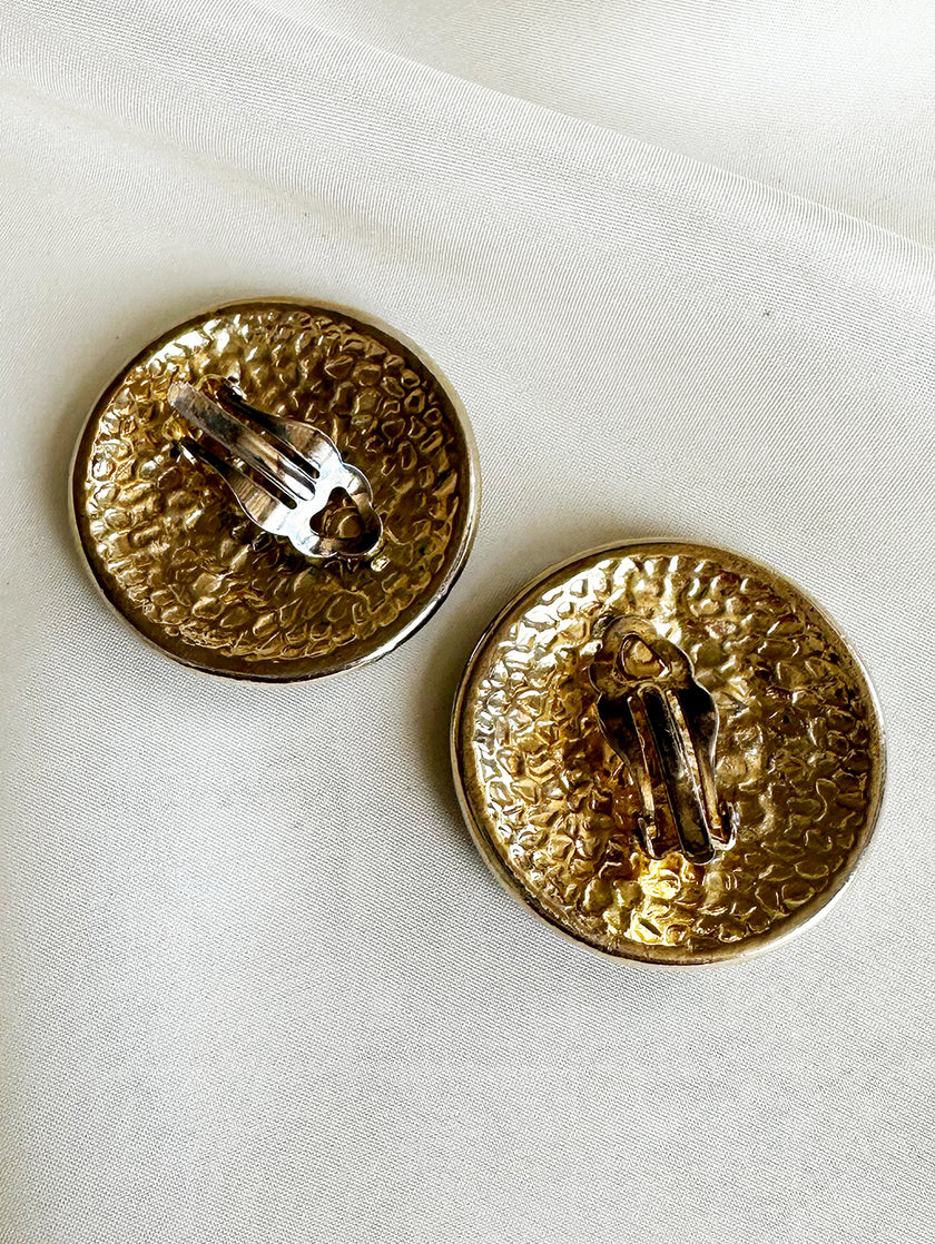 Grote ronde donkerblauw/gouden clip oorbellen