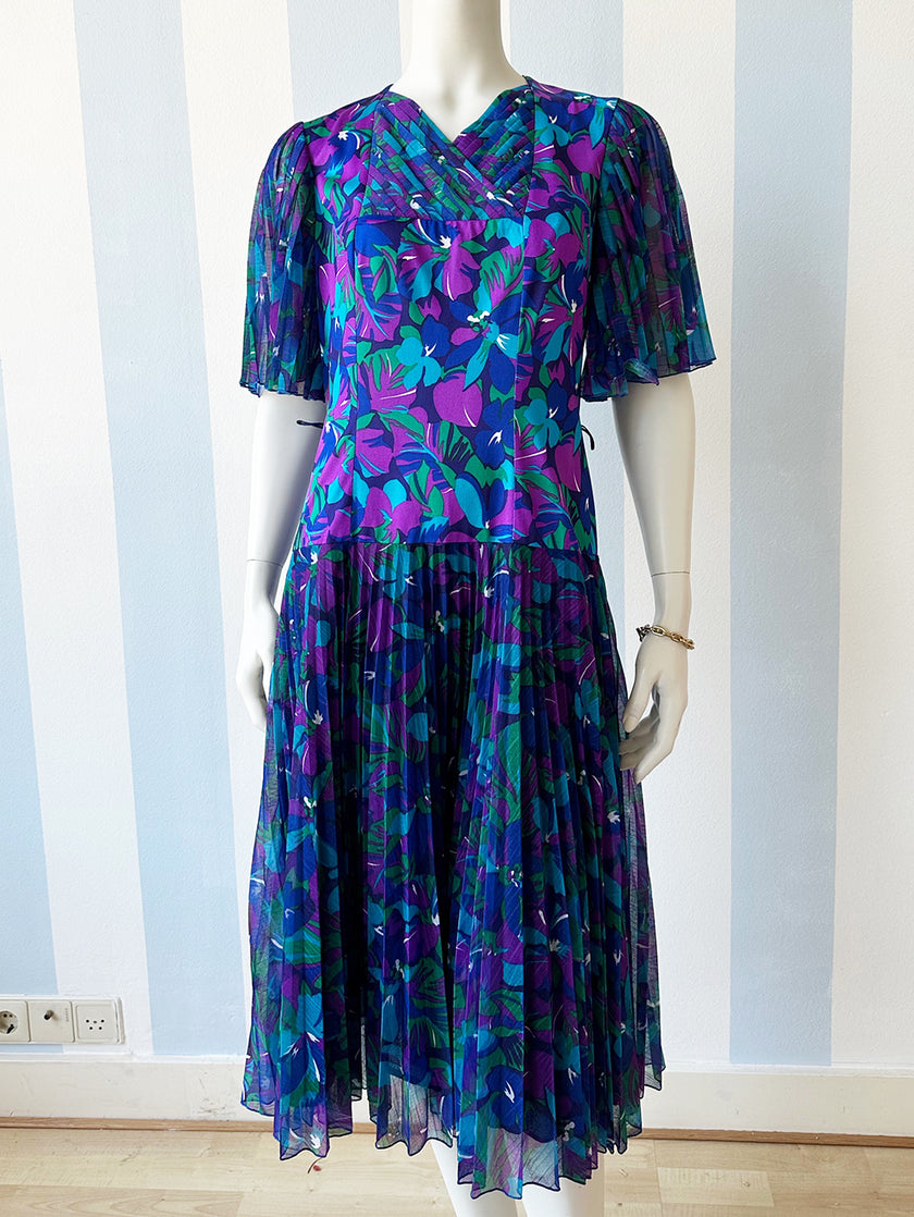 Blauw/paarse print jurk met plissé