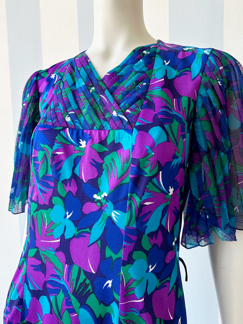 Blauw/paarse print jurk met plissé