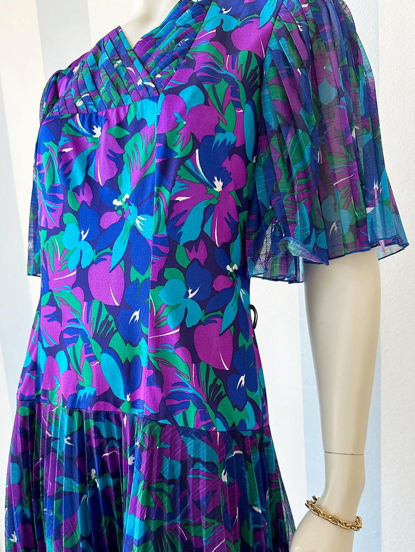 Blauw/paarse print jurk met plissé