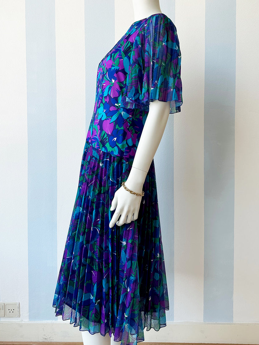 Blauw/paarse print jurk met plissé