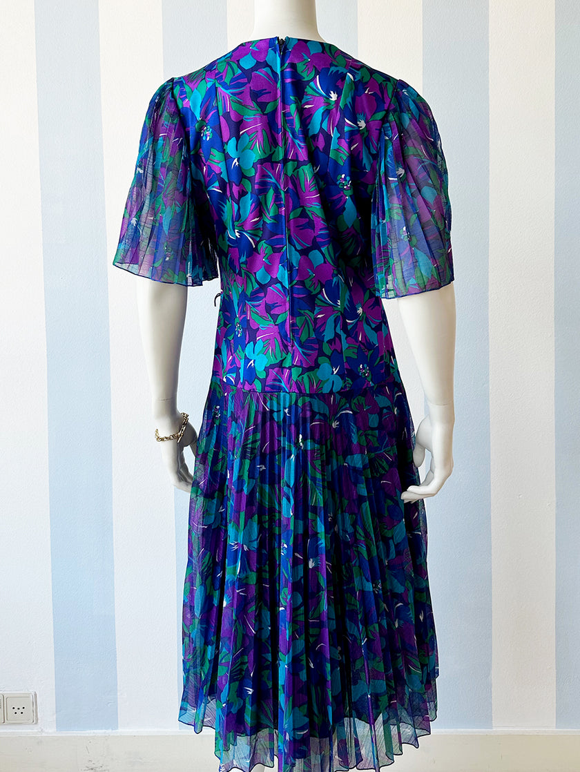 Blauw/paarse print jurk met plissé