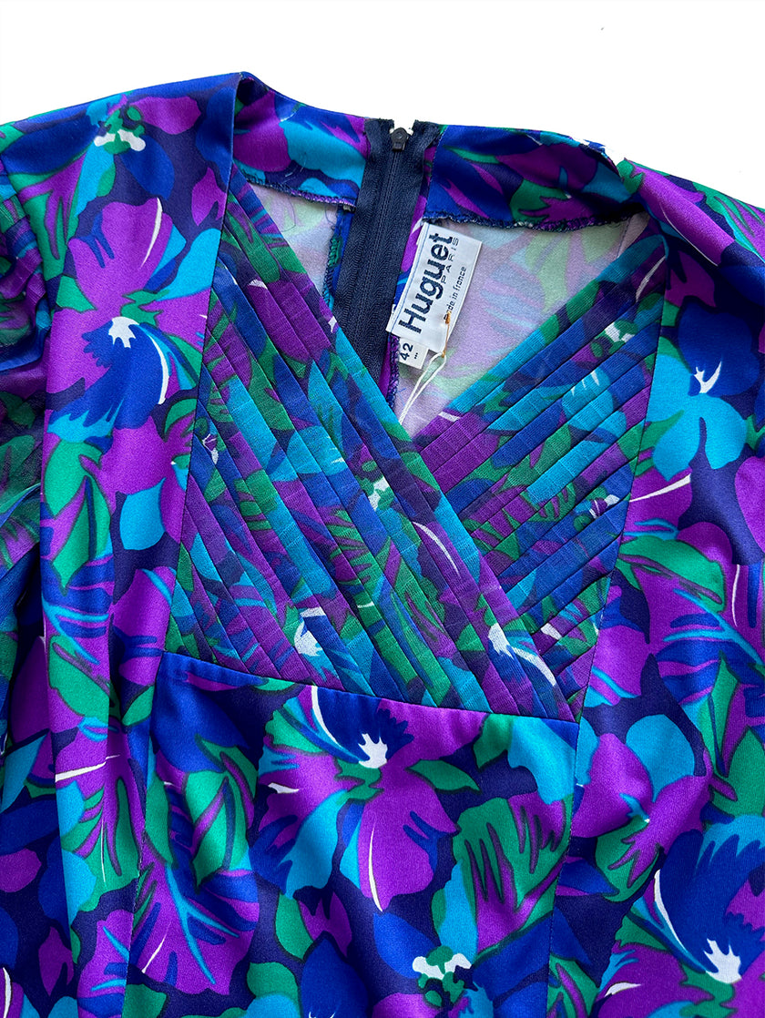 Blauw/paarse print jurk met plissé