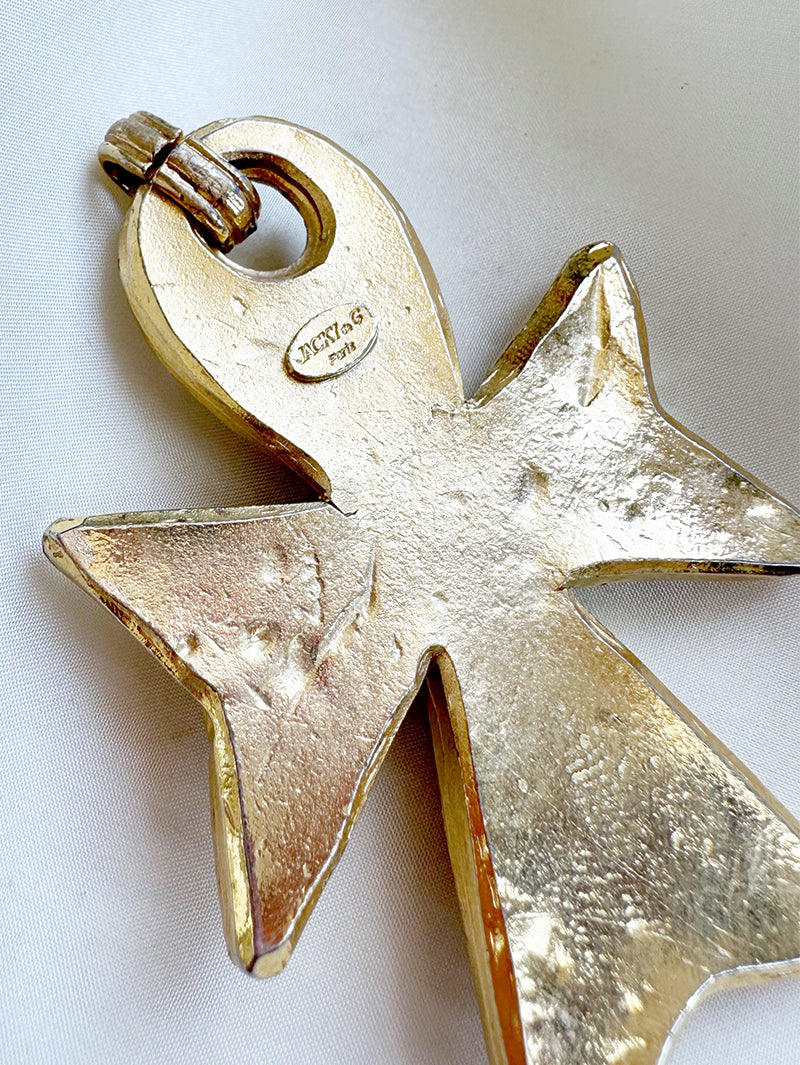 Grote vergulde designer kruishanger met faux pareltjes