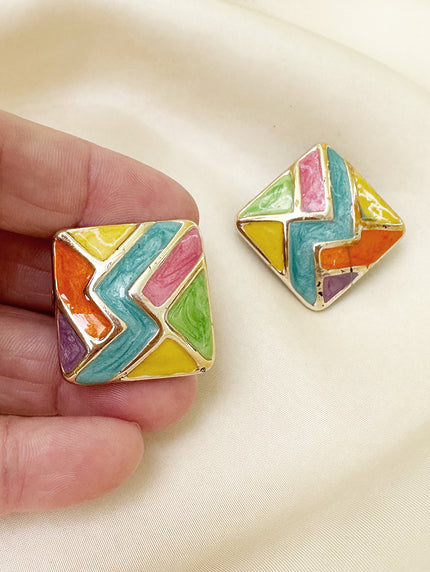 Vierkante multicolor clip oorbellen