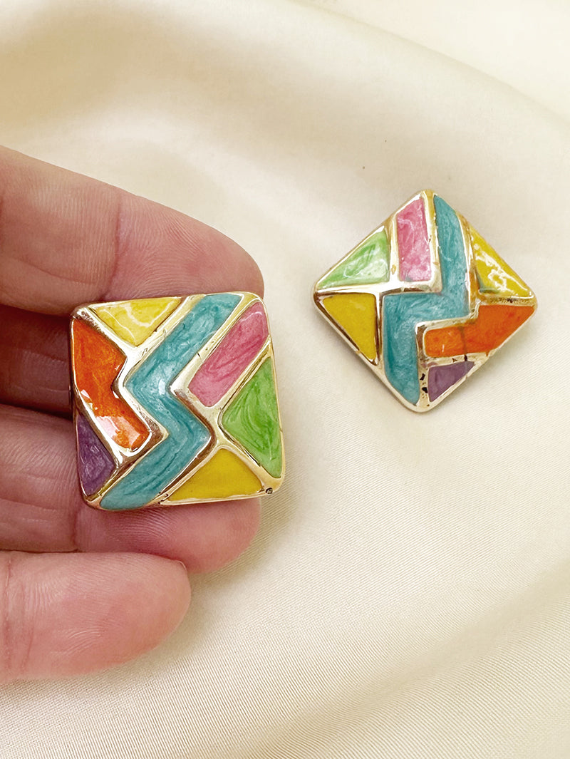 Vierkante multicolor clip oorbellen