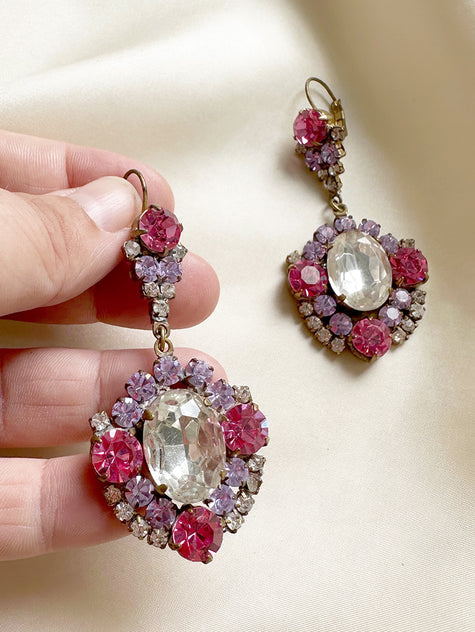 Lila & roze kristalglazen oorhangers