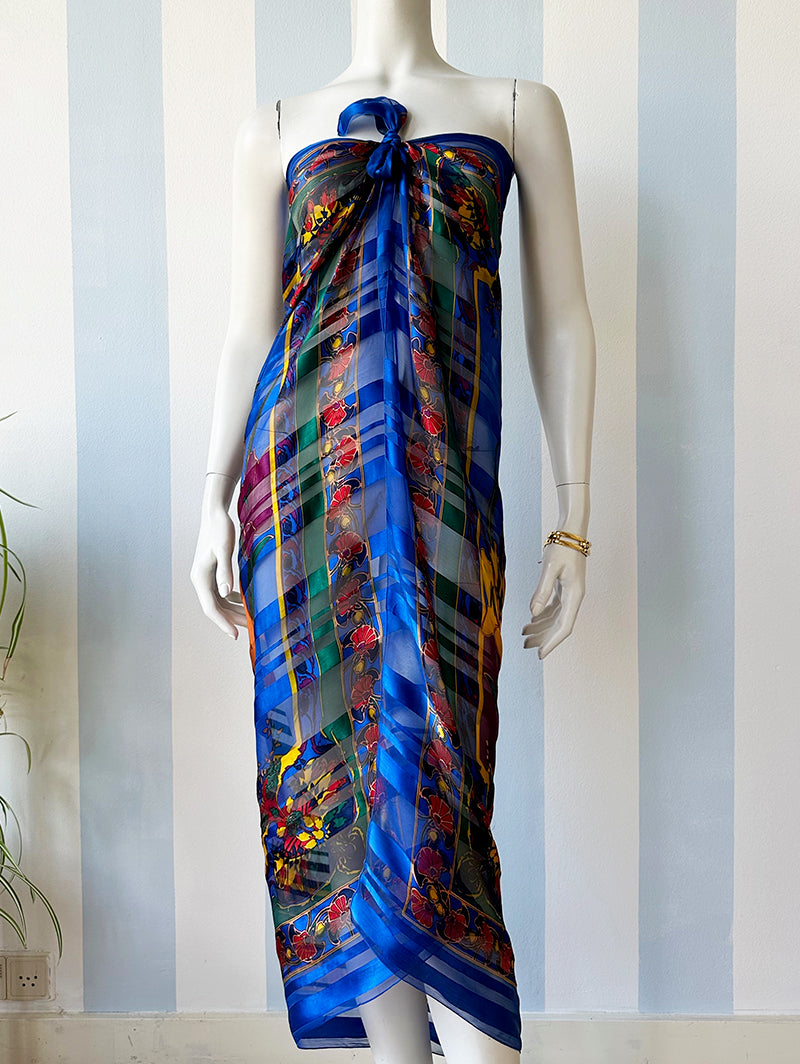 Grote blauwe zijden sjaal avec deux femmes