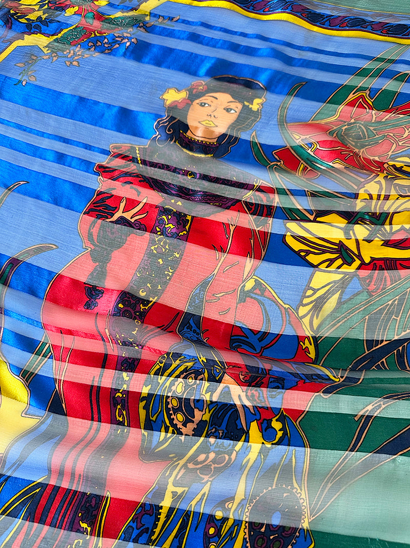 Grote blauwe zijden sjaal avec deux femmes