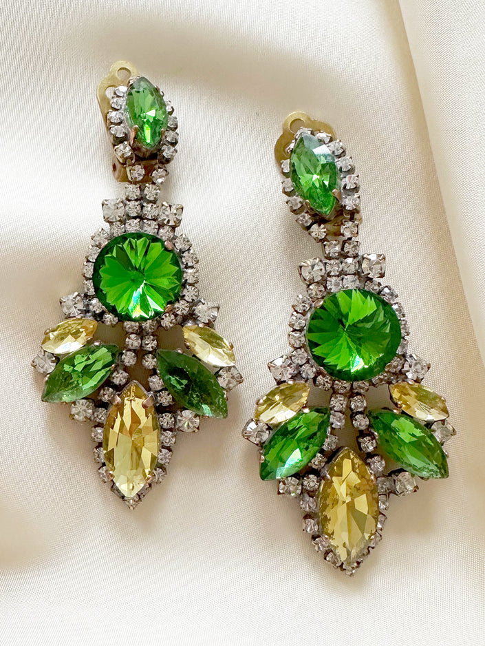 Groen/gele kristalglazen clip oorbellen