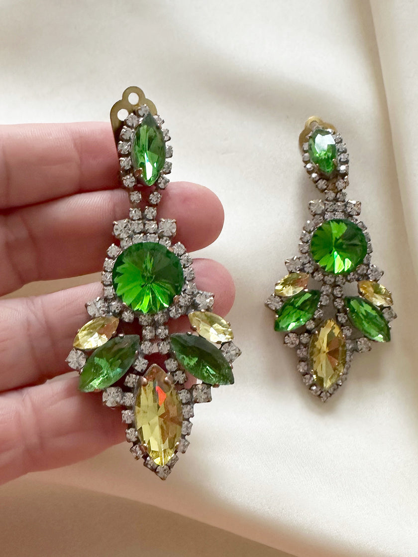 Groen/gele kristalglazen clip oorbellen