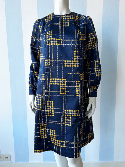 Geruite donkerblauwe 70s jurk