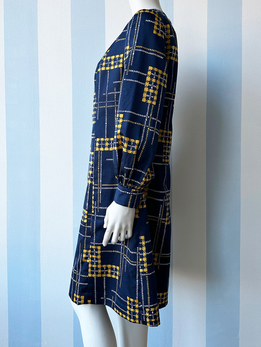 Geruite donkerblauwe 70s jurk