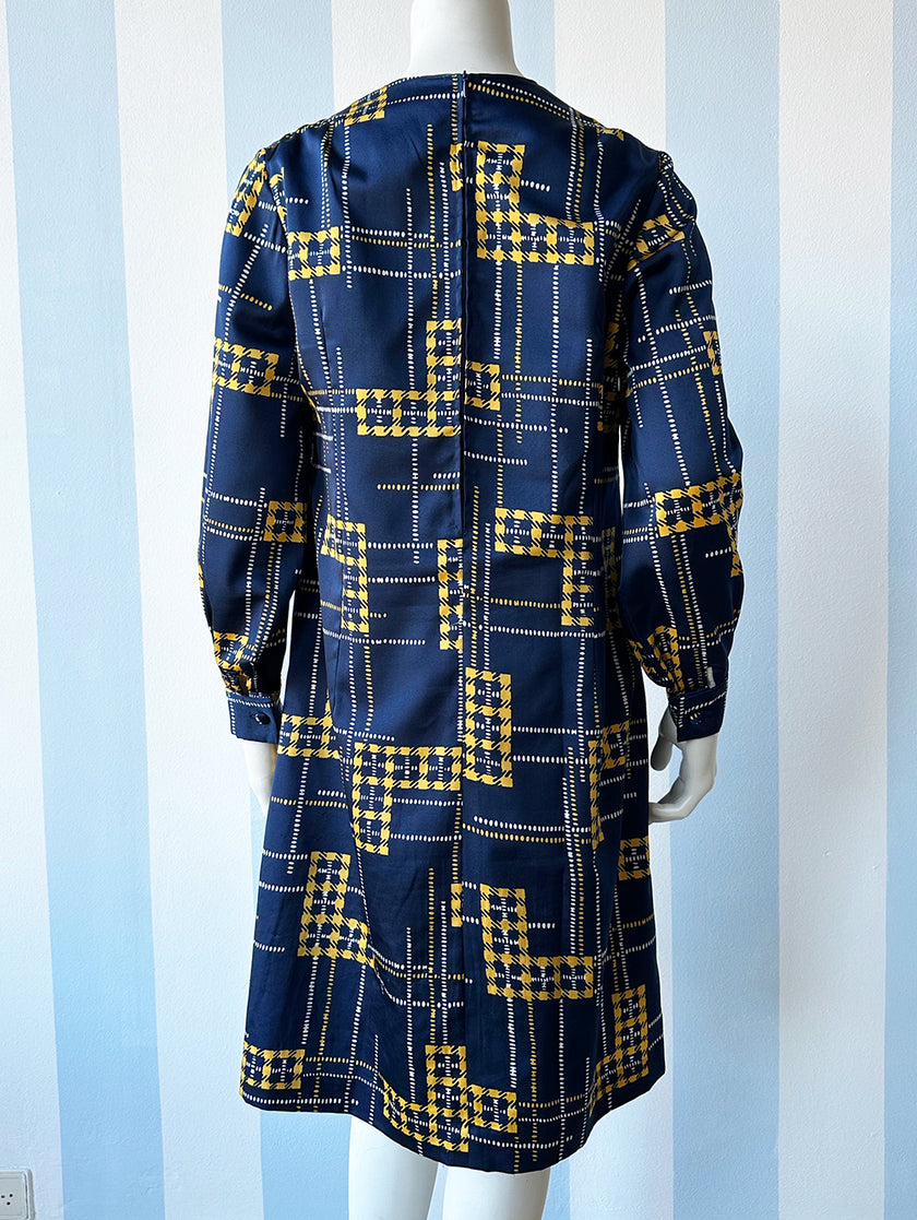 Geruite donkerblauwe 70s jurk