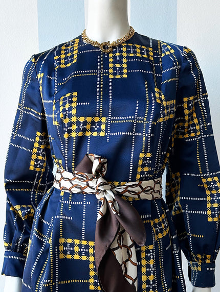 Geruite donkerblauwe 70s jurk