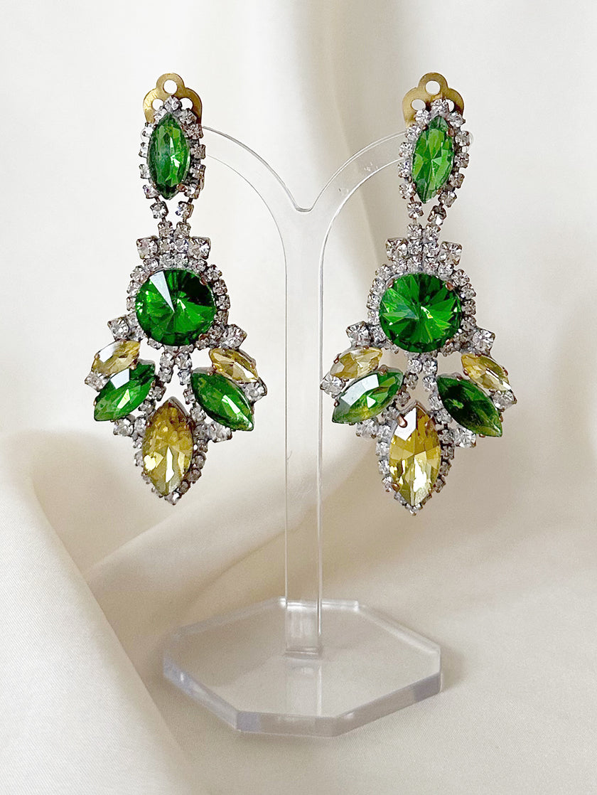 Groen/gele kristalglazen clip oorbellen