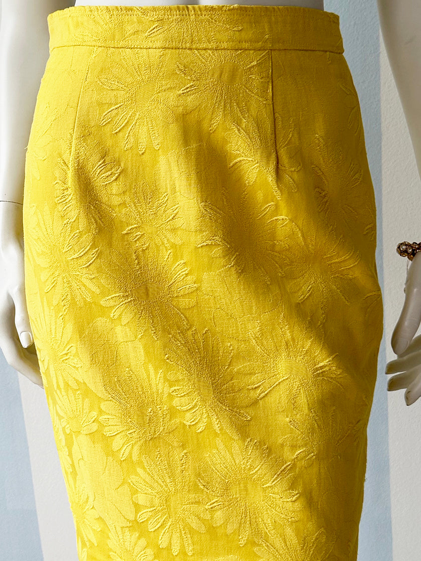 Knalgeel jacquard kokerrokje