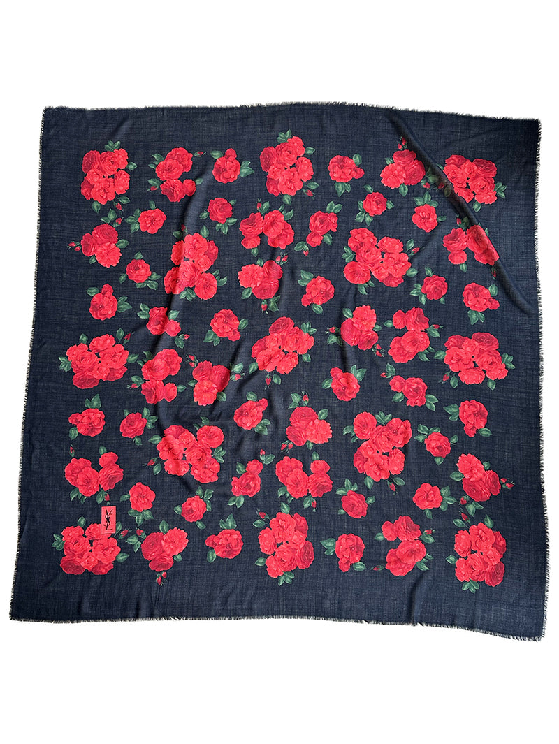 Zwarte wollen designer sjaal met rode rozen