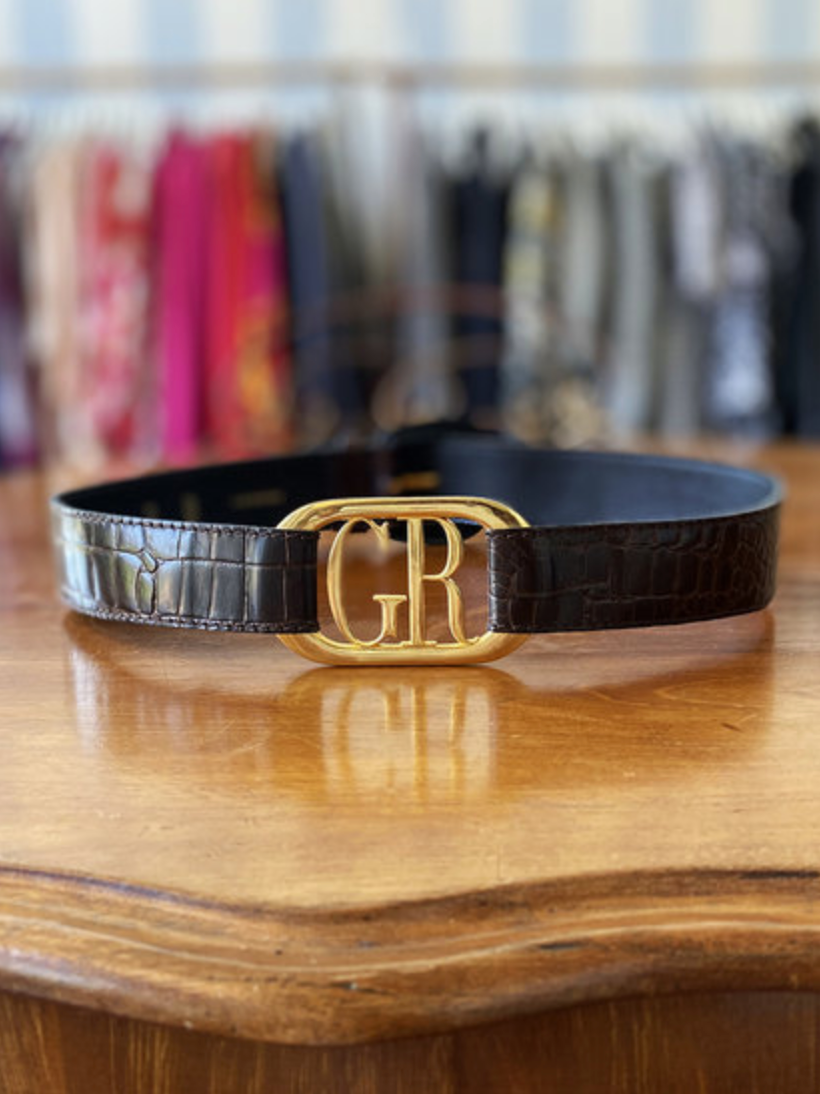 Bruine leren kroko ceintuur met vergulde details