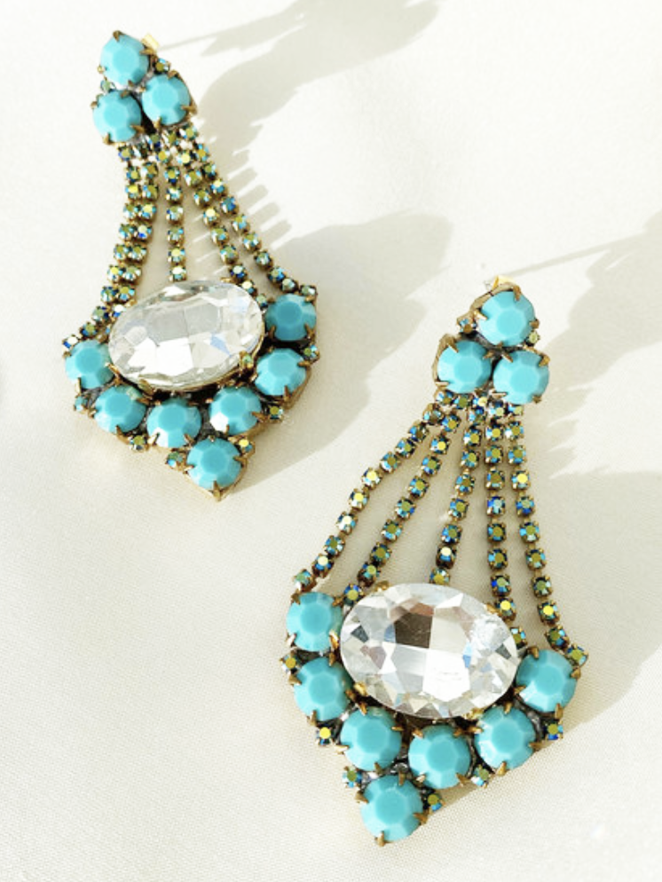 Turquoise kristalglazen 'Chandelier' oorbellen