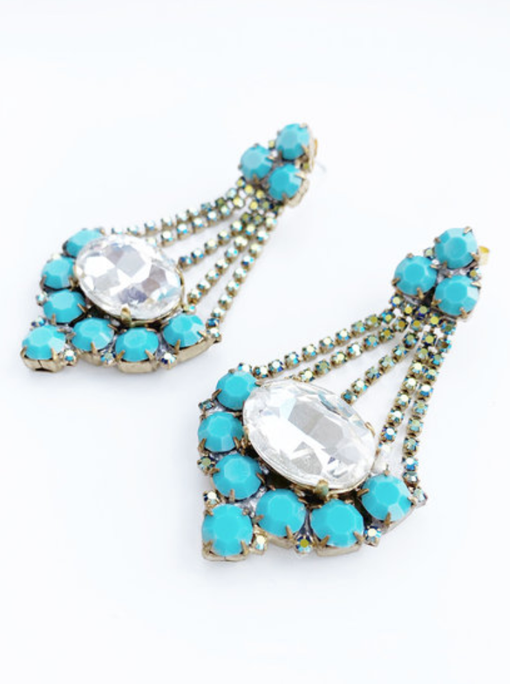 Turquoise kristalglazen 'Chandelier' oorbellen