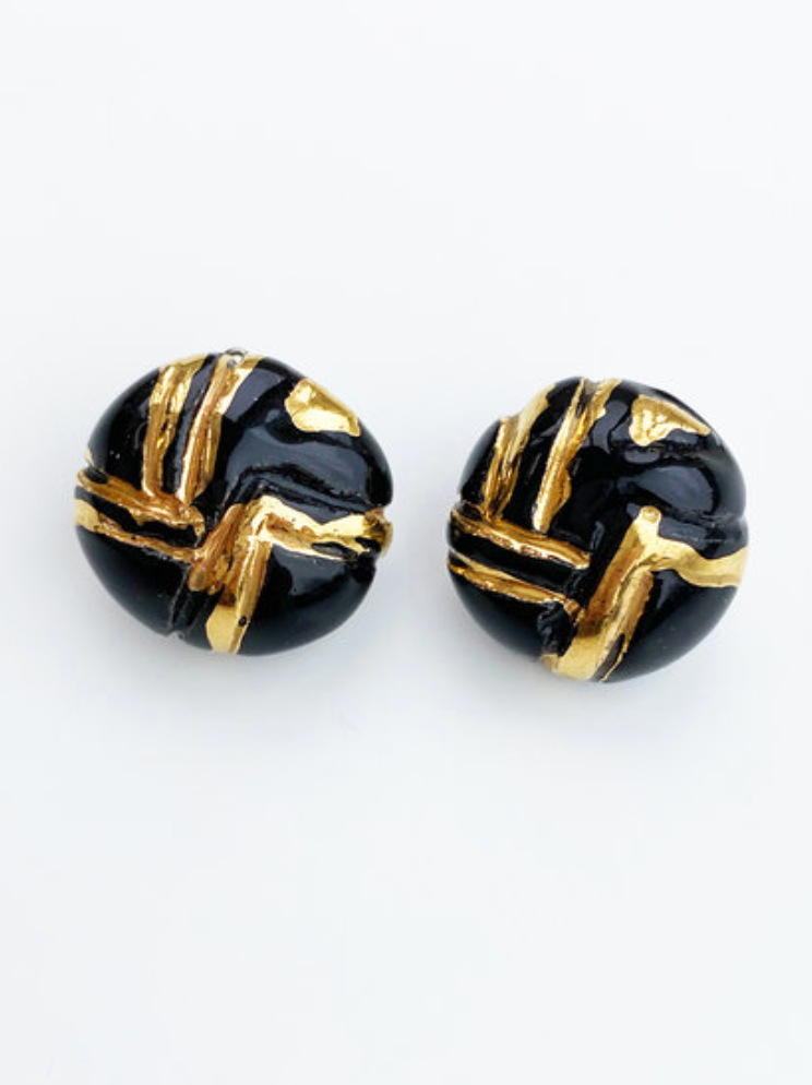 Zwart/gouden glazen clip oorbellen