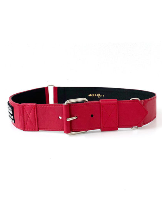 Rode leren designer ceintuur met strass